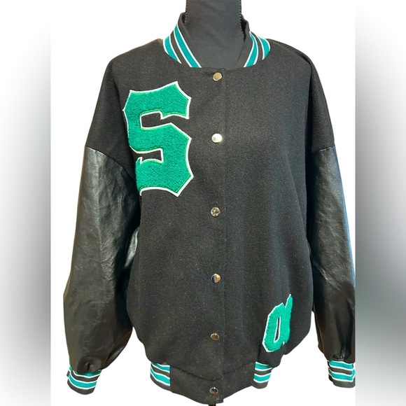 SHEIN Jackets & Blazers - Black and Green Varsity Jacket with letter “S”, EUC